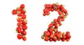 Numbers alphabet of red ripe strawberries.