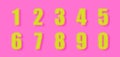 Numbers with blurred edges, fluted glass style. Pixel numbers. Set of bright yellow blurred numbers on pink background
