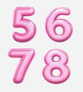 Numbers 5, 6, 7, 8,bublle. Font bubble gum. 3D render set of pink cartoon. Bubble Gum isolated on white background.