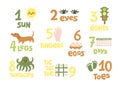 Numbers and counting practice printable poster, worksheet for pre school, kindergarten kids. Colorful numbers flashcard