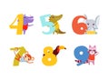 Numbers and cute animals set. Birthday anniversary numbers with hippo, crocodile, elephant, monkey, toucan, raccoon