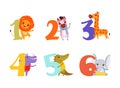 Numbers and cute animals set. Birthday anniversary numbers with lion, zebra, giraffe, hippo, crocodile, elephant cartoon