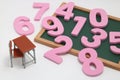 Numbers, desk and blackboard on white background.