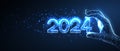 Numbers 2024 in digital hand. New year blue background.