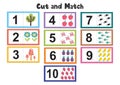 Numbers flash cards for kids. Cut and match pictures Royalty Free Stock Photo