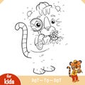 Numbers game, education game for children, Cute tiger with a magnifier looks at a flower