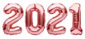 Numbers for Happy New Year 2021. Rose golden Christmas 2021 balloons isolated on white background. Helium balloons, pink gold foil
