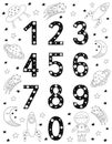 Numbers for kids in Scandinavian style. Poster with space doodle