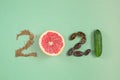 Numbers 2021 made from fruits and vegetables , Healthy happy New year , diet goals and lifestyle