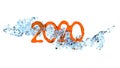 2020 numbers made of orange or red jucie, ice or glass and the blue fresh water splashes oround it in 3D illustration Royalty Free Stock Photo