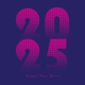 2025 Numbers with magenta circular halftone dot pattern texture. Happy New Year. Vector half tone illustration. Holiday