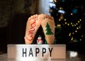 numbers 2023 are painted on feet of a barefoot child. A Christmas tree decorated with garlands, the inscription happy