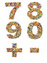 Numbers 7 through 0 and punctuation marks made from colorful glass beads on a white Royalty Free Stock Photo