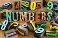 Numbers scattered letterpress wooden background block letters