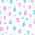 Numbers seamless pattern with polka dots and cat.