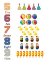 Counting Numbers 5 to 9 with Fireworks, Balls, Ducks, Toys, Ice Bars - Educational Vector Stock Image