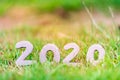 The numbers show the year 2020 cut from a paper box placed on a green lawn. Conceptual background and environment