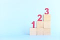 123 numbers on stairs wooden blocks. Small steps towards goal or step by step to success concept. Royalty Free Stock Photo