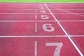 Numbers starting point on red running track,running track and green grass Royalty Free Stock Photo