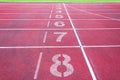 Numbers starting point on red running track,running track and green grass Royalty Free Stock Photo