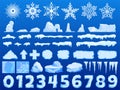 Numbers and symbols made from pieces of ice and snow chunks, big icebergs, severe frost elements for design, snowflakes