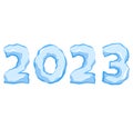 Numbers and symbols 2023 made from pieces of ice and snow chunks Christmas New Year big icebergs, severe frost elements