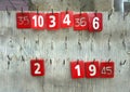 Numbers tags hanging in an old wooden