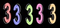 Numbers three, 3 on a black background for printing on T-shirts and banners, font for advertising inscriptions