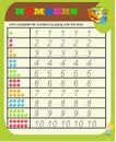 Numbers from 0 to 9, handwriting tracing practice sheet, writing training for children, kids preschool activity, educational game,