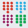 Numbers from 0 to 9 on a round, square, hexagonal and rhombic bu