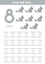 Numbers tracing practice. Writing number eight. Cute cartoon chinchillas.