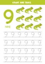 Numbers tracing practice. Writing number nine. Cute cartoon iguanas.
