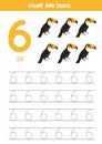 Numbers tracing practice. Writing number six. Cute cartoon toucans.