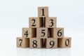 Numbers of wood blocks begin 1 to 9. Image use for sort number, learning education concept