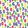 Numbers from zero to nine seamless pattern, multicolored numbers on a white background