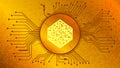 Numeraire NMR cryptocurrency token symbol of the DeFi project in circle with PCB tracks on gold background.