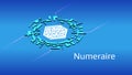 Numeraire NMR isometric token symbol of the DeFi project in digital circle on blue background.