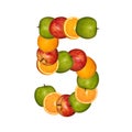 Numeral five made of colorful fruits, collage isolated on white background