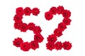 Numeral 52 made of red roses on a white isolated background. Element for decoration. fifty two. Red roses