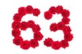 Numeral 63 made of red roses on a white isolated background. Element for decoration. sixty three. Red roses Royalty Free Stock Photo