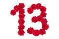 Numeral 13 made of red roses on a white isolated background. Element for decoration. Red roses Royalty Free Stock Photo