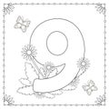 Numeral nine with flowers, leaves and butterflies. Coloring page