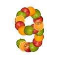 Numeral nine made of colorful fruits, collage Isolated on white background