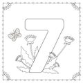 Numeral seven with flowers, leaves and butterfly. Coloring page