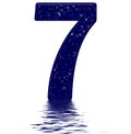 Numeral 7, seven, star sky texture imitation, reflected on the water surface, isolated on white, 3d render