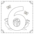 Numeral Six with flowers, leaves and butterflies. Coloring page. Royalty Free Stock Photo