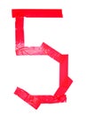 Numeral 5 symbol made of red tape pieces, isolated on the white