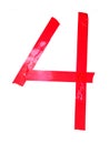 Numeral 4 symbol made of red tape pieces, isolated on the white