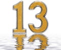 Numeral 13, thirteen, reflected on the water surface, isolated