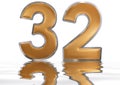 Numeral 32, thirty two, reflected on the water surface,